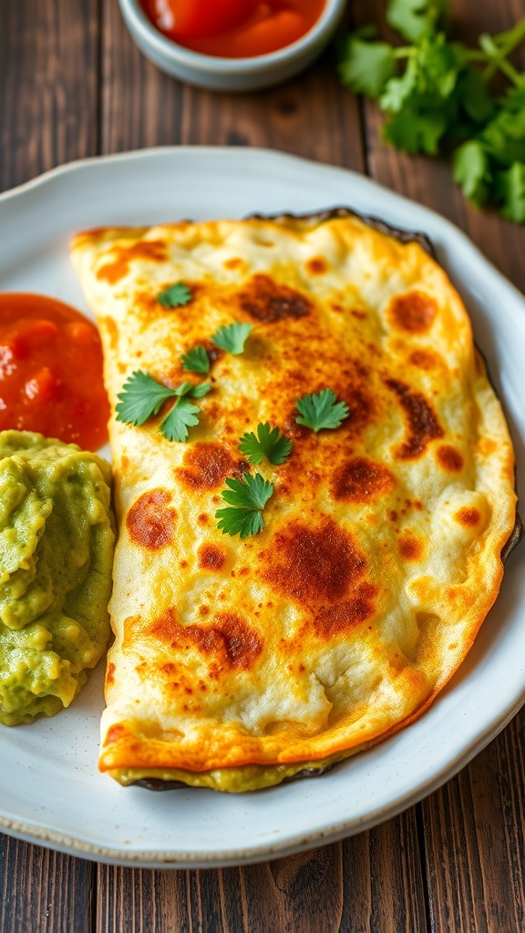 Crispy zucchini blossom quesadilla with cheese, garnished with cilantro, served with guacamole and salsa on a wooden table.